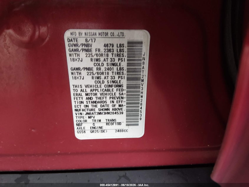 2017 Nissan Rogue VIN JN8AT2MV3HW284539 IAAI salvage auction — FRONT END, Salvage (Connecticut), sold $1,300 on 2026-07-16 (photo 9)