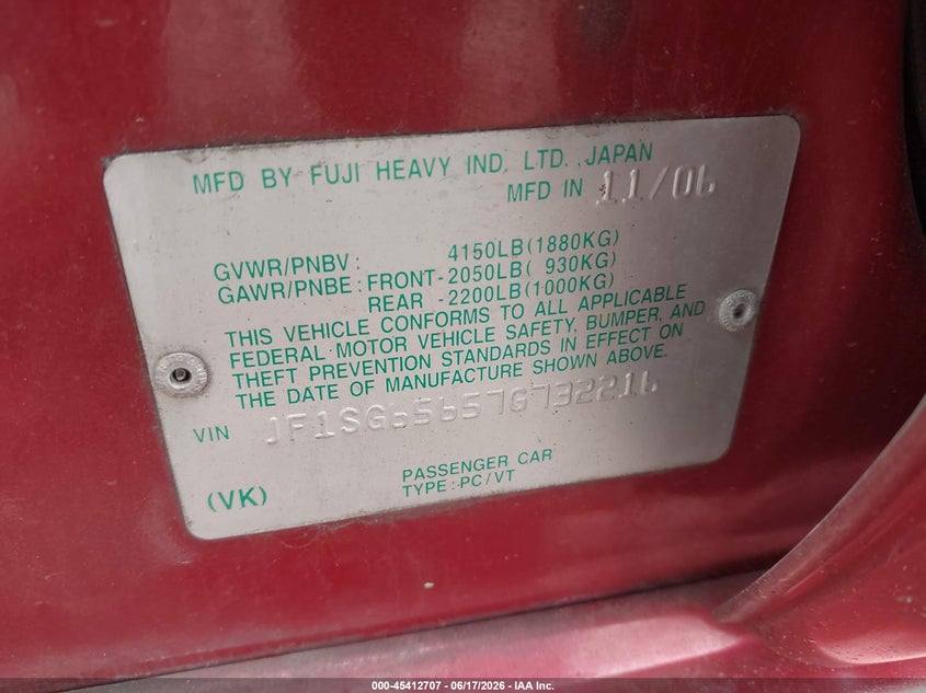 2007 Subaru Forester VIN JF1SG65657G732216 IAAI salvage auction — NORMAL WEAR, Original (Kentucky), sold $400 on 2026-07-27 (photo 9)