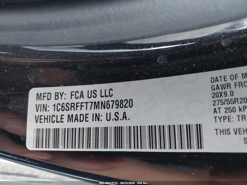 2021 Ram 1500 VIN 1C6SRFFT7MN679820 IAAI salvage auction — RIGHT FRONT, Salvage (California), sold $12,200 on 2026-07-30 (photo 9)