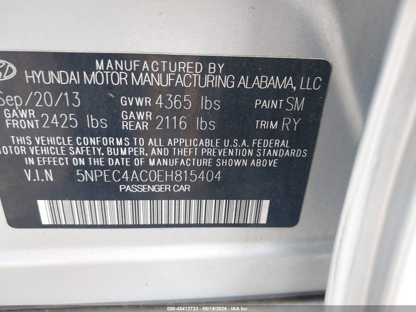2014 Hyundai Sonata VIN 5NPEC4AC0EH815404 IAAI salvage auction — FRONT END, Salvage Title, sold $775 on 2026-07-20 (photo 9)