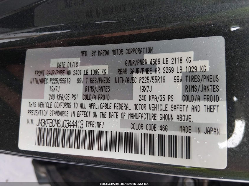 2018 Mazda Cx-5 VIN JM3KFBCM8J0344413 IAAI salvage auction — RIGHT FRONT, Salvage (North Carolina), sold $2,375 on 2026-07-29 (photo 9)