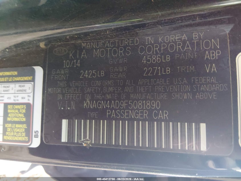 2015 Kia Optima VIN KNAGN4AD9F5081890 IAAI salvage auction — NORMAL WEAR, Clear (Arizona), sold $275 on 2026-07-28 (photo 9)