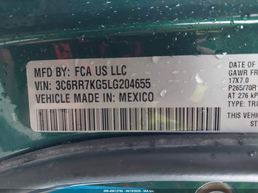 2020 Ram 1500 VIN 3C6RR7KG5LG204655 IAAI salvage auction — NORMAL WEAR, Clear (Texas), sold $11,775 on 2026-07-29 (photo 9)