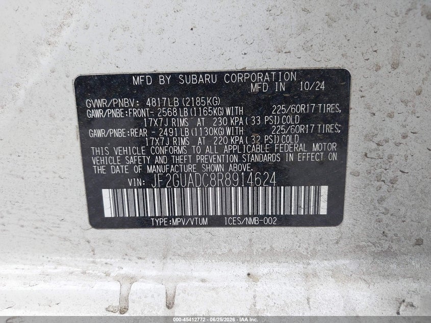 2024 Subaru Xv VIN JF2GUADC8R8914624 IAAI salvage auction — FRONT END, Clear (California), sold $16,550 on 2026-07-15 (photo 9)