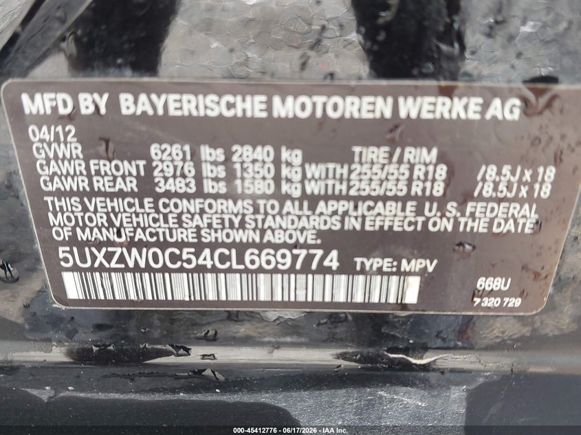 2012 BMW X5 VIN 5UXZW0C54CL669774 IAAI salvage auction — LEFT FRONT, Rebuildable (Florida), sold $1,800 on 2026-07-13 (photo 9)