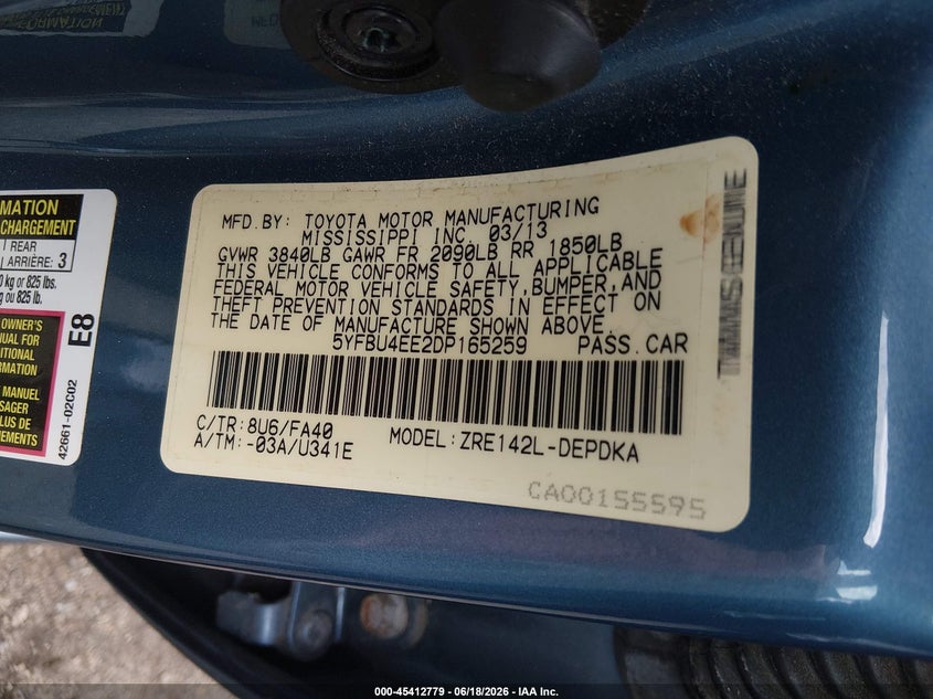 2013 Toyota Corolla VIN 5YFBU4EE2DP165259 IAAI salvage auction — LEFT FRONT, Salvage (Idaho), sold $3,050 on 2026-07-24 (photo 9)