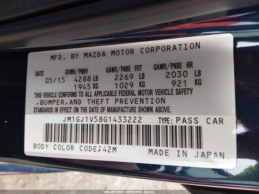 2016 Mazda 6 VIN JM1GJ1V58G1433222 IAAI salvage auction — FRONT END, Salvage (Nebraska), sold $1,050 on 2026-07-12 (photo 9)
