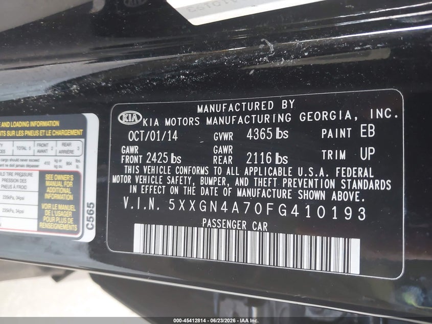 2015 Kia Optima VIN 5XXGN4A70FG410193 IAAI salvage auction — FRONT END, Rebuildable (Florida), sold $500 on 2026-07-15 (photo 9)