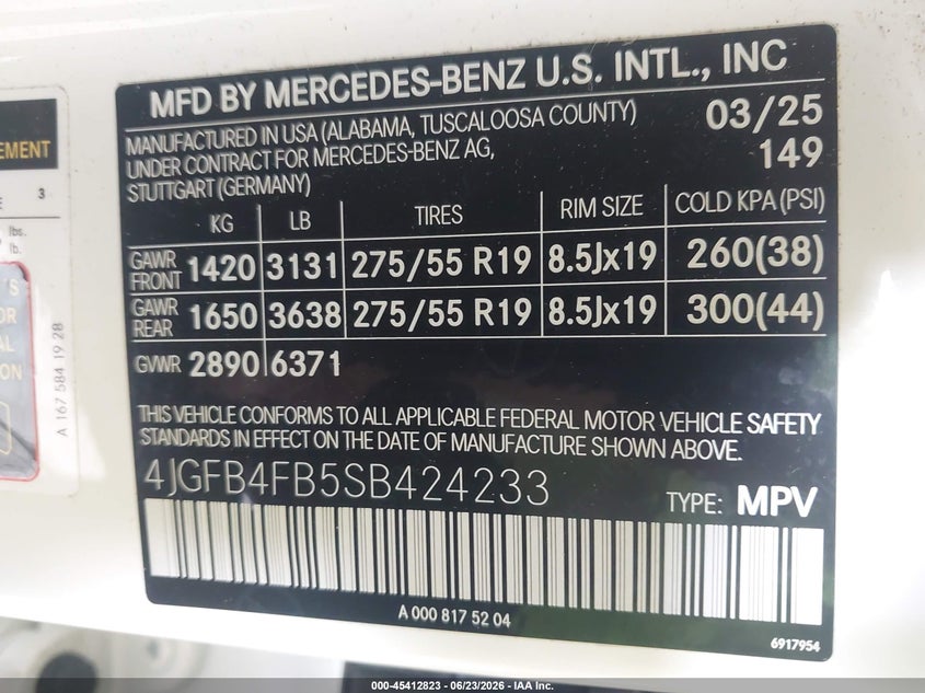 2025 Mercedes-benz Gle VIN 4JGFB4FB5SB424233 IAAI salvage auction — STORM DAMAGE, Salvage Title, sold $26,275 on 2026-07-30 (photo 9)