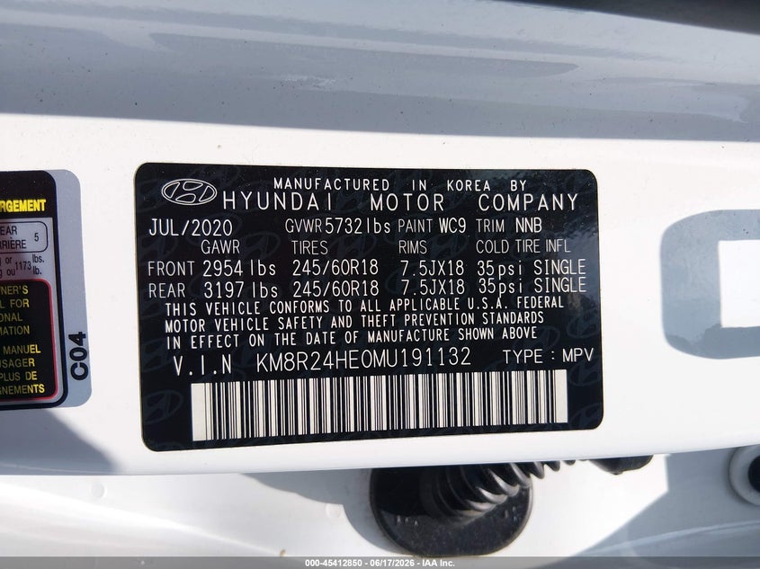 2021 Hyundai Palisade VIN KM8R24HE0MU191132 IAAI salvage auction — FRONT END, Salvage Title, sold $2,050 on 2026-07-30 (photo 9)