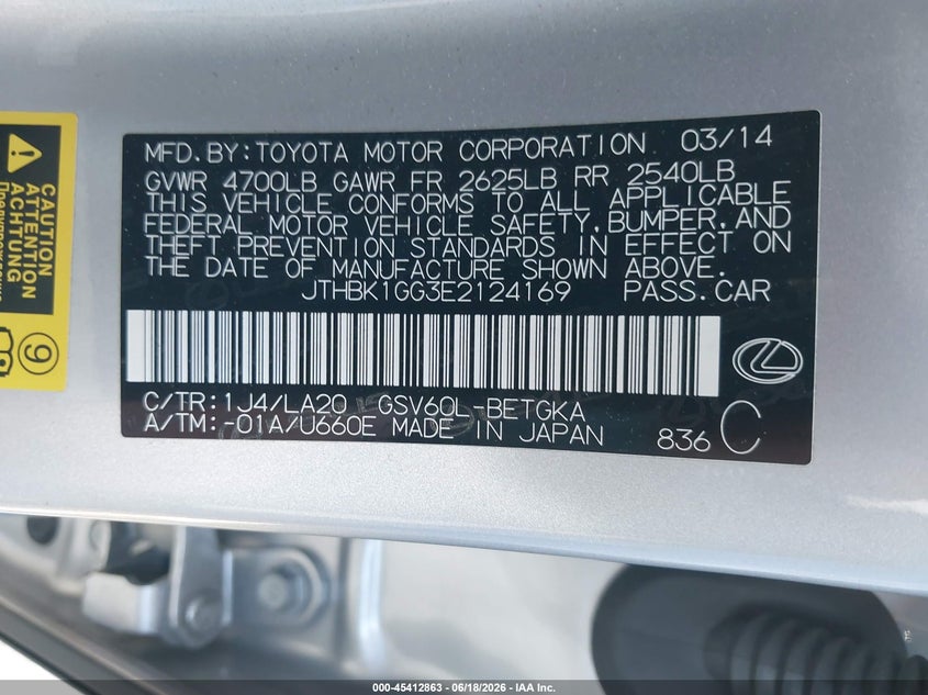2014 Lexus ES VIN JTHBK1GG3E2124169 IAAI salvage auction — LEFT FRONT, Salvage (California), sold $2,950 on 2026-07-15 (photo 9)