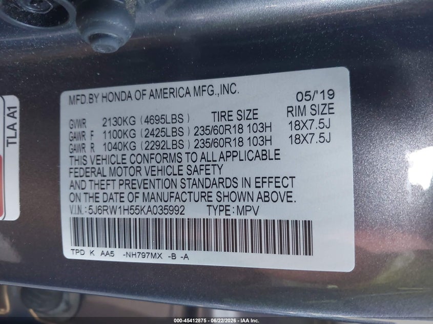 2019 Honda Cr-v VIN 5J6RW1H55KA035992 IAAI salvage auction — FRONT & REAR, Salvage Title, sold $2,800 on 2026-07-19 (photo 9)