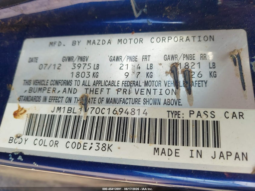 2012 Mazda 3 VIN JM1BL1V70C1694814 IAAI salvage auction — NORMAL WEAR, Clear (Tennessee), sold $325 on 2026-07-22 (photo 9)