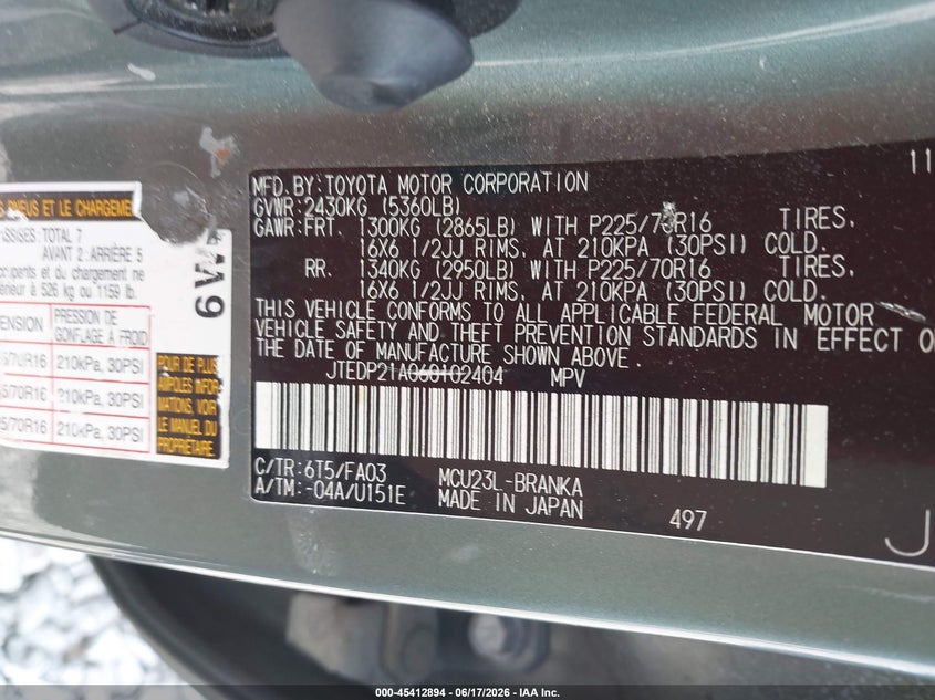 2006 Toyota Highlander VIN JTEDP21A060102404 IAAI salvage auction — FRONT END, Clear (Tennessee), sold $600 on 2026-07-16 (photo 9)