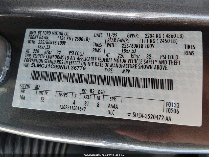 2022 Lincoln Corsair VIN 5LMCJ1C99NUL36779 IAAI salvage auction — REAR END, Sf97 (California), sold $16,000 on 2026-07-28 (photo 9)