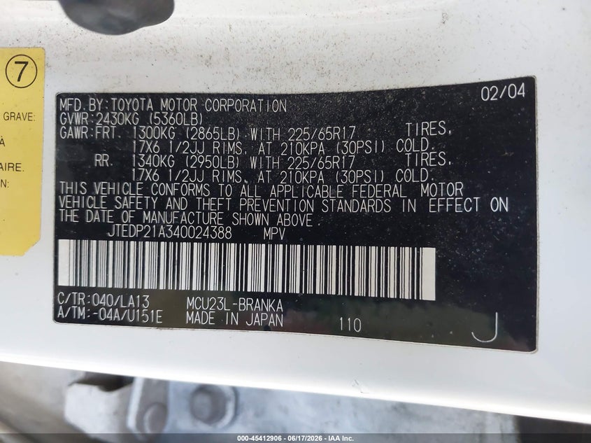 2004 Toyota Highlander VIN JTEDP21A340024388 IAAI salvage auction — UNKNOWN, Salvage (Utah), sold $125 on 2026-07-13 (photo 9)