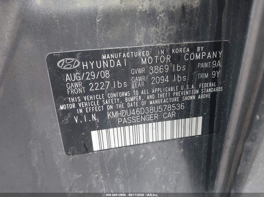 2008 Hyundai Elantra VIN KMHDU46D38U578536 IAAI salvage auction — RIGHT SIDE, Clear (Indiana), sold $325 on 2026-07-14 (photo 9)