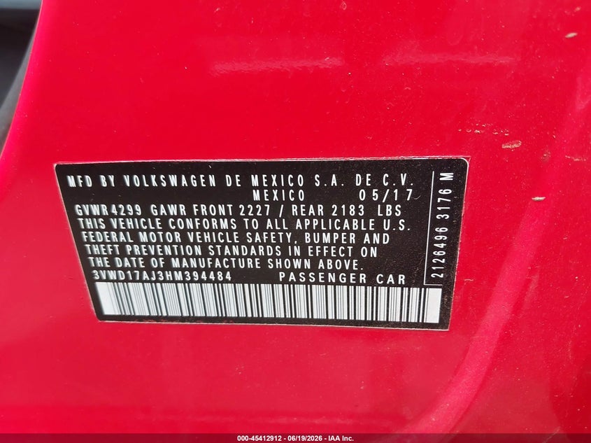 2017 Volkswagen Jetta VIN 3VWD17AJ3HM394484 IAAI salvage auction — LEFT FRONT, Salvage Title, sold $3,050 on 2026-07-12 (photo 9)