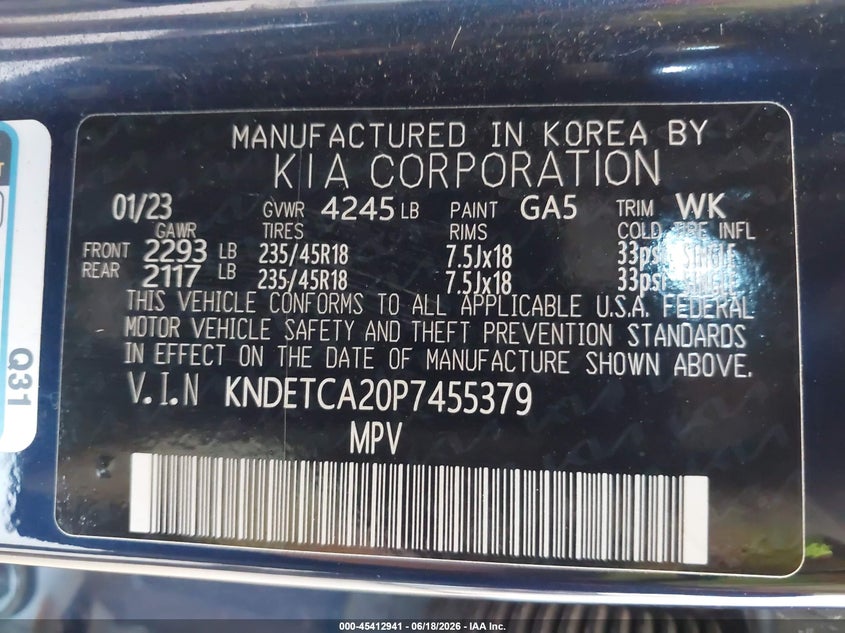 2023 Kia Seltos VIN KNDETCA20P7455379 IAAI salvage auction — UNKNOWN, Salvage Title, sold $6,600 on 2026-07-27 (photo 9)