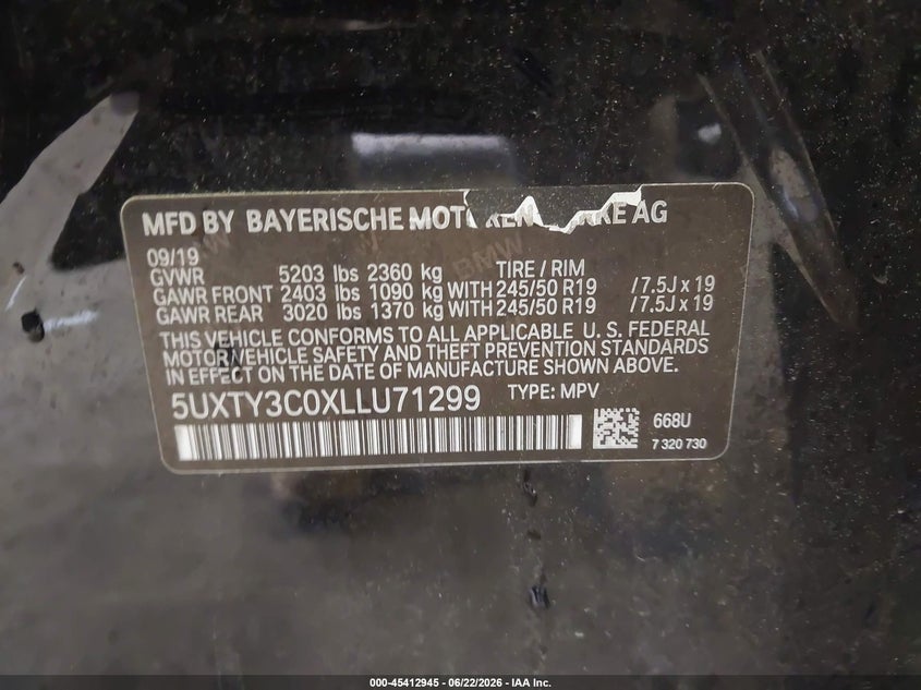 2020 BMW X3 VIN 5UXTY3C0XLLU71299 IAAI salvage auction — ROLLOVER, Salvage Title, sold $2,500 on 2026-07-28 (photo 9)