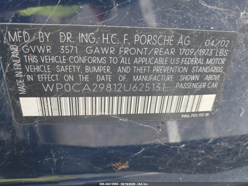 2002 Porsche Boxster VIN WP0CA29812U625131 IAAI salvage auction — NORMAL WEAR, Clear - Dealer Only (California), sold $125 on 2026-07-22 (photo 9)