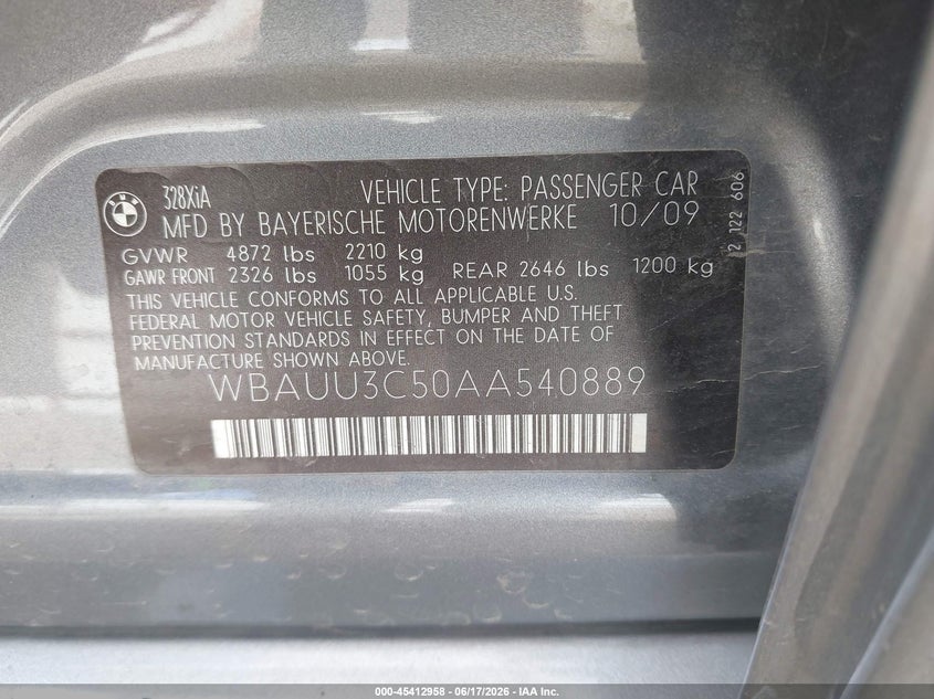 2010 BMW 3 series VIN WBAUU3C50AA540889 IAAI salvage auction — LEFT SIDE, Bill Of Sale (Washington), sold $625 on 2026-07-14 (photo 9)