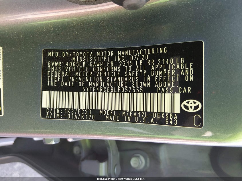 2020 Toyota Corolla VIN 5YFP4RCE8LP057555 IAAI salvage auction — LEFT FRONT, Salvage (California), sold $7,600 on 2026-07-10 (photo 9)