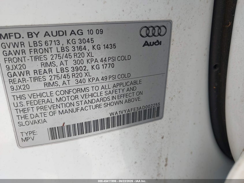 2010 Audi Q7 VIN WA1VYAFE3AD002255 IAAI salvage auction — NORMAL WEAR, Original (Texas), sold $275 on 2026-07-14 (photo 9)