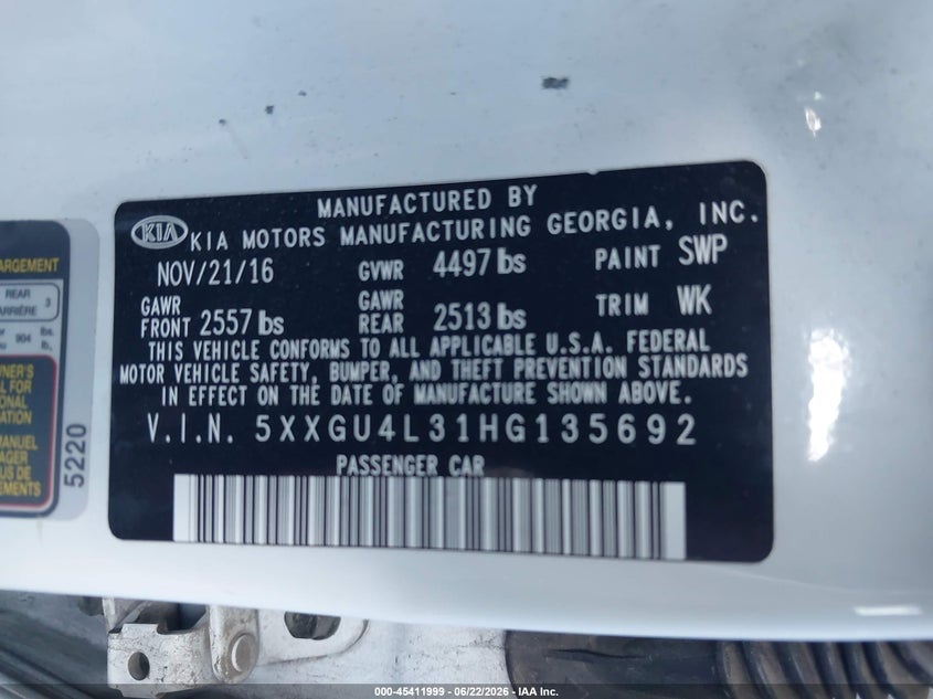 2017 Kia Optima VIN 5XXGU4L31HG135692 IAAI salvage auction — FRONT END, Salvage Certificate (California), sold $2,250 on 2026-07-26 (photo 9)