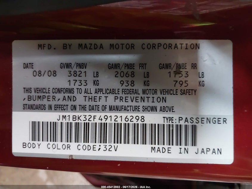 2009 Mazda 3 VIN JM1BK32F491216298 IAAI salvage auction — LEFT & RIGHT, Clear (Michigan), sold $550 on 2026-07-20 (photo 9)