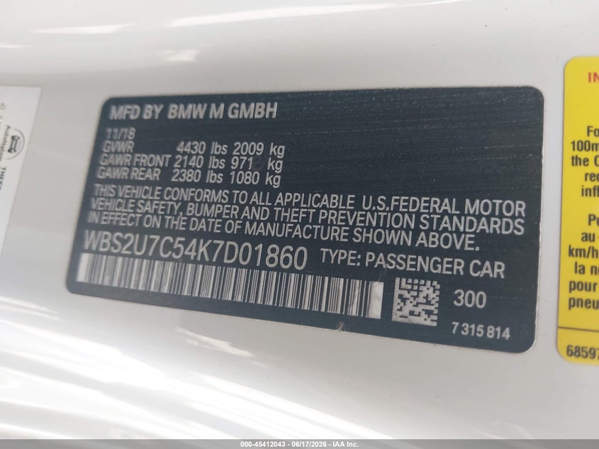2019 BMW M2 VIN WBS2U7C54K7D01860 IAAI salvage auction — HAIL, Clear (Arizona), sold $18,450 on 2026-07-29 (photo 9)