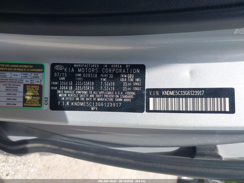 2016 Kia SEDONA VIN KNDME5C13G6123917 IAAI salvage auction — NORMAL WEAR, Original (Texas), sold $1,700 on 2026-07-09 (photo 9)