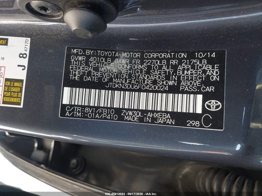 2015 Toyota Prius VIN JTDKN3DU6F0420024 IAAI salvage auction — FRONT & REAR, Salvage (California), sold $500 on 2026-07-06 (photo 9)