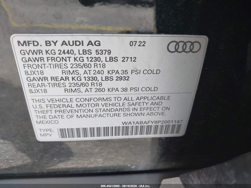 2023 Audi Q5 VIN WA1ABAFY8P2001147 IAAI salvage auction — FRONT END, Rebuildable (Florida), sold $10,100 on 2026-07-30 (photo 9)