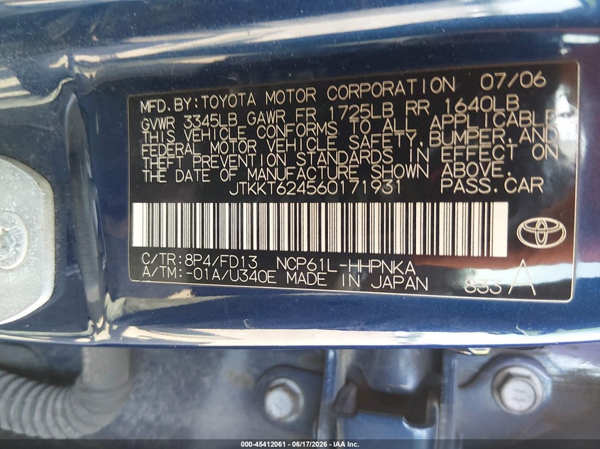 2006 Scion Xa VIN JTKKT624560171931 IAAI salvage auction — NORMAL WEAR, Clear (Pennsylvania), sold $675 on 2026-07-24 (photo 9)