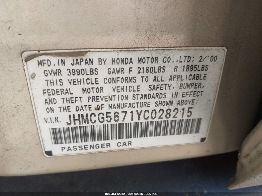 2000 Honda Accord VIN JHMCG5671YC028215 IAAI salvage auction — UNDERCARRIAGE, Clear-Dealer Only (Washington), sold $100 on 2026-07-16 (photo 9)