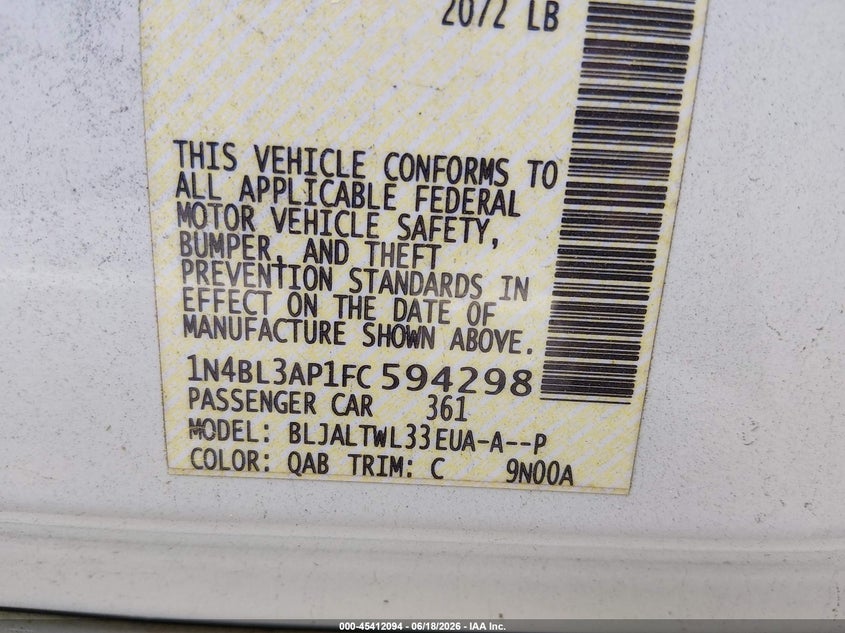 2015 Nissan Altima VIN 1N4BL3AP1FC594298 IAAI salvage auction — SIDE, Salvage (North Carolina), sold $750 on 2026-07-30 (photo 9)