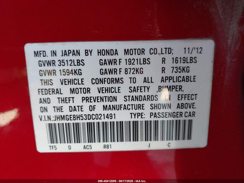 2013 Honda Fit VIN JHMGE8H53DC021491 IAAI salvage auction — FRONT & REAR, Clear (Tennessee), sold $1,450 on 2026-07-23 (photo 9)