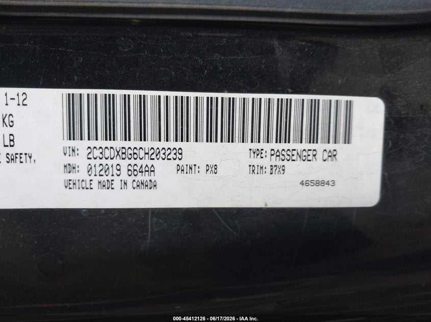 2012 Dodge Charger VIN 2C3CDXBG6CH203239 IAAI salvage auction — FRONT END, Salvage (North Carolina), sold $300 on 2026-07-09 (photo 9)
