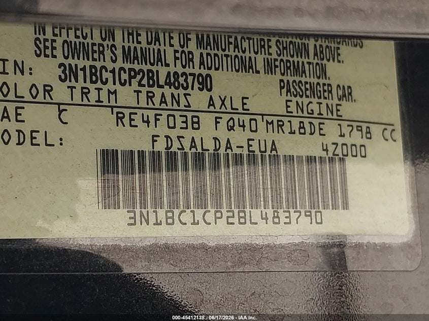 2011 Nissan Versa VIN 3N1BC1CP2BL483790 IAAI salvage auction — FRONT END, Salvage (California), sold $250 on 2026-07-09 (photo 9)