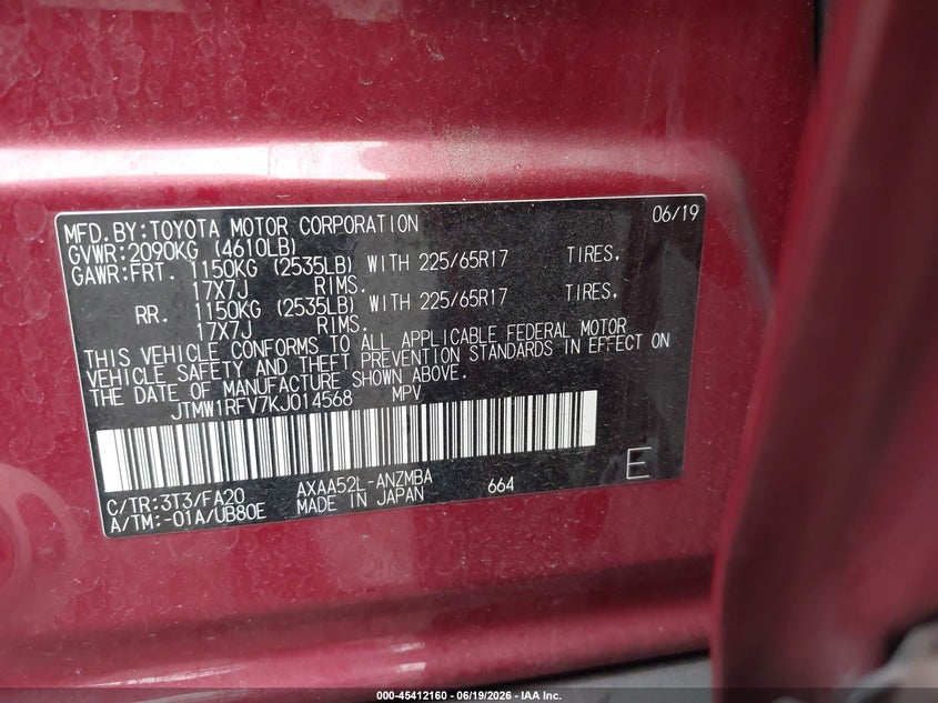 2019 Toyota Rav 4 VIN JTMW1RFV7KJ014568 IAAI salvage auction — FRONT END, Salvage Title, sold $4,850 on 2026-07-23 (photo 9)