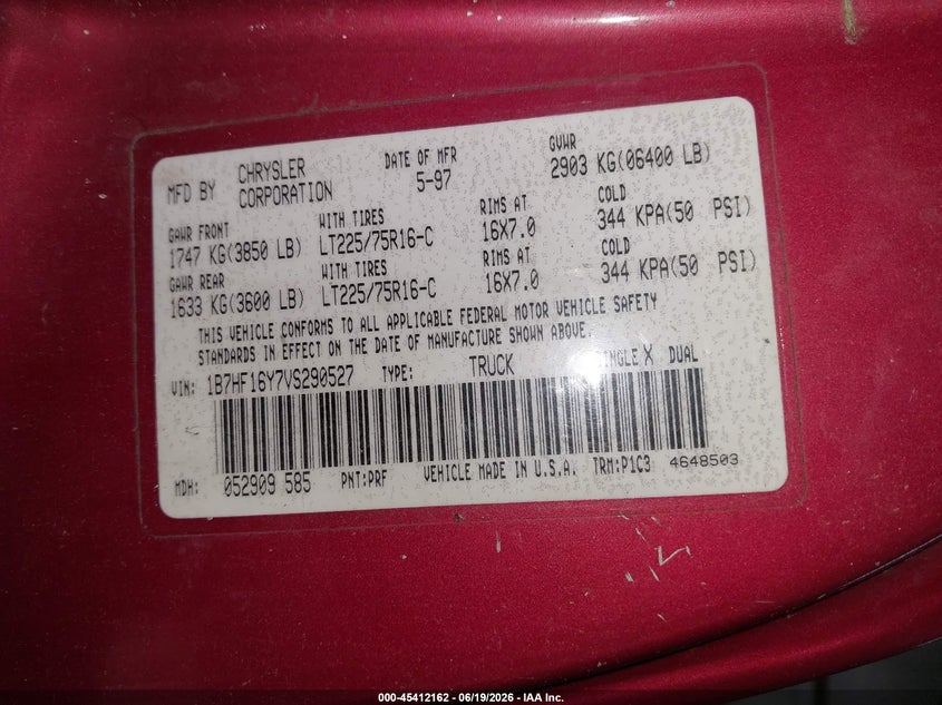 1997 Dodge Ram 1500 VIN 1B7HF16Y7VS290527 IAAI salvage auction — NORMAL WEAR, Clear (Pennsylvania), sold $250 on 2026-07-09 (photo 9)