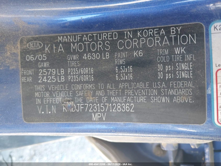 2005 Kia Sportage VIN KNDJF723157128362 IAAI salvage auction — NORMAL WEAR, Clear (California), sold $375 on 2026-07-09 (photo 9)