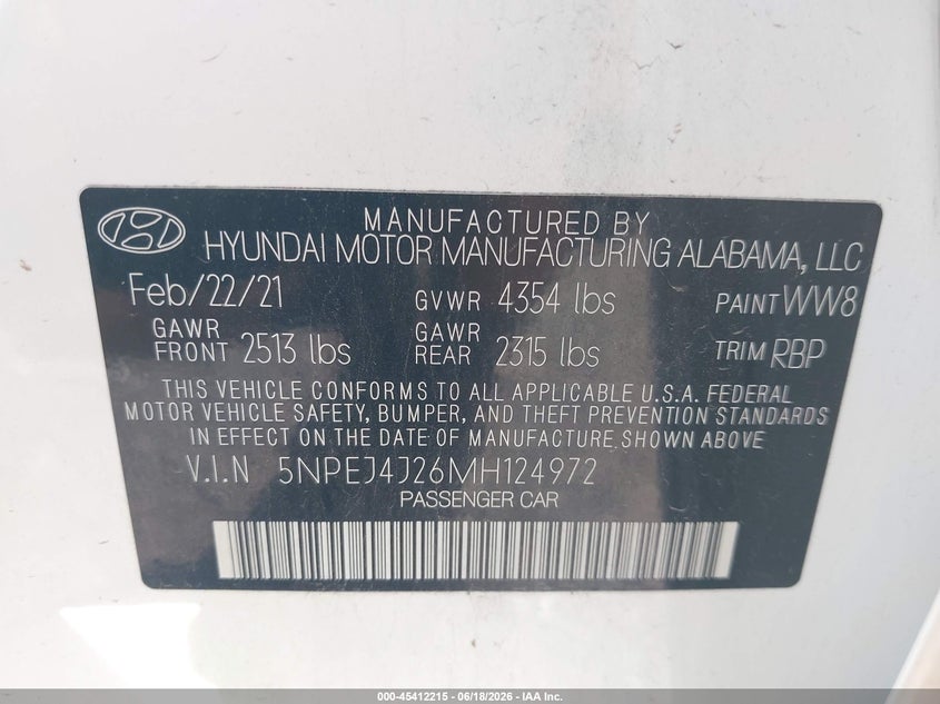 2021 Hyundai Sonata VIN 5NPEJ4J26MH124972 IAAI salvage auction — FRONT END, Salvage (Indiana), sold $5,500 on 2026-08-01 (photo 9)