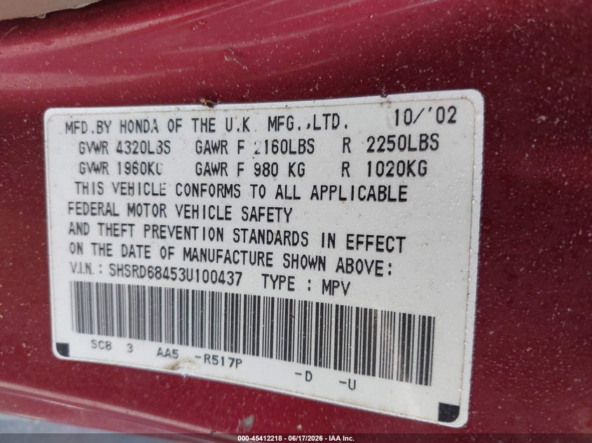 2003 Honda Cr-v VIN SHSRD68453U100437 IAAI salvage auction — NORMAL WEAR, Clear (Georgia), sold $700 on 2026-07-29 (photo 9)
