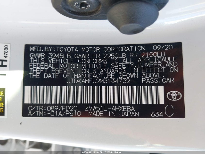 2021 Toyota Prius VIN JTDKAMFU2M3134732 IAAI salvage auction — REAR END, Salvage Title, sold $5,000 on 2026-07-14 (photo 9)