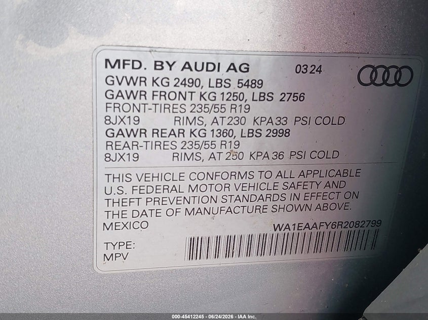 2024 Audi Q5 VIN WA1EAAFY6R2082799 IAAI salvage auction — NORMAL WEAR, Salvage Title, sold $17,700 on 2026-07-13 (photo 9)