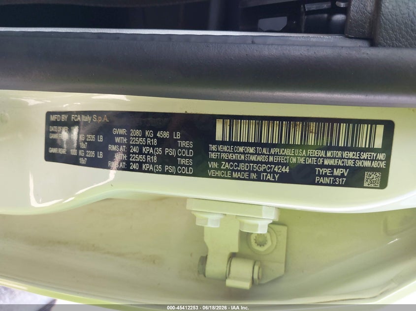 2016 Jeep Renegade VIN ZACCJBDT5GPC74244 IAAI salvage auction — FRONT END, Salvage (Iowa), sold $25 on 2026-07-28 (photo 9)