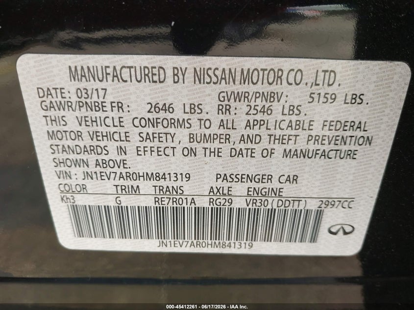 2017 Infiniti Q50 VIN JN1EV7AR0HM841319 IAAI salvage auction — NORMAL WEAR, Salvage (Florida), sold $1,000 on 2026-07-16 (photo 9)