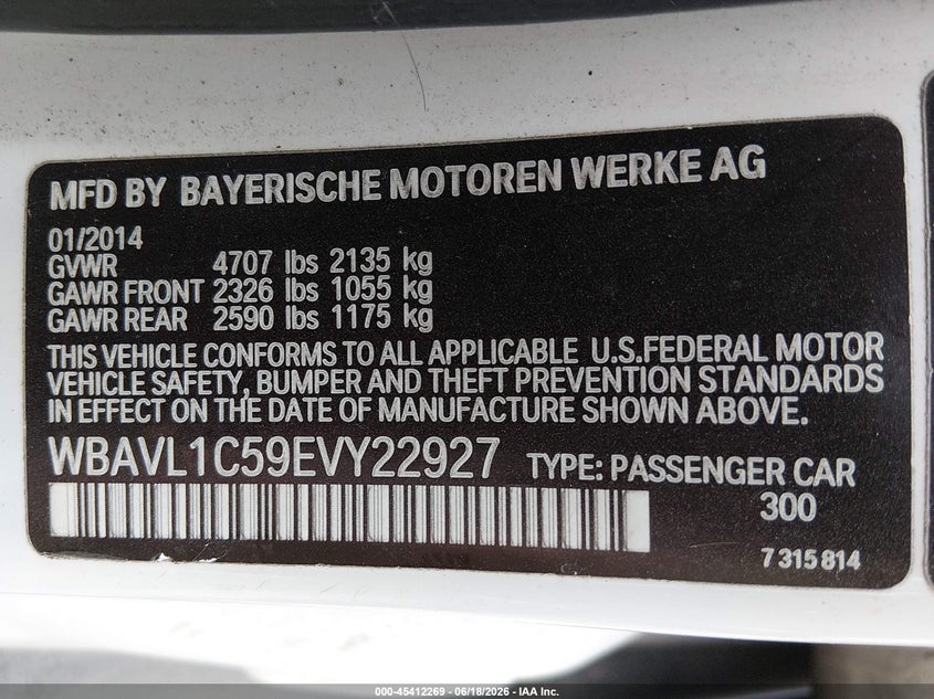 2014 BMW X1 VIN WBAVL1C59EVY22927 IAAI salvage auction — NORMAL WEAR, Clear (Tennessee), sold $125 on 2026-07-16 (photo 9)